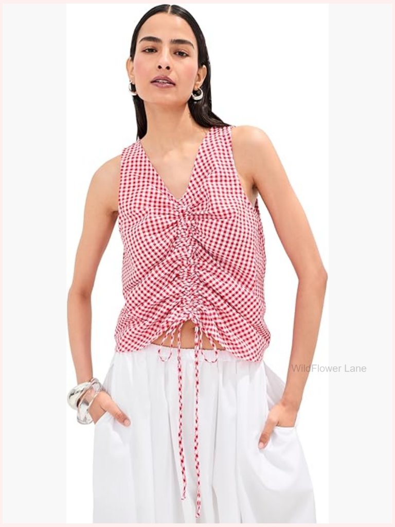 Sleeveless Crew Neck Tank Top With Ruching Gingham